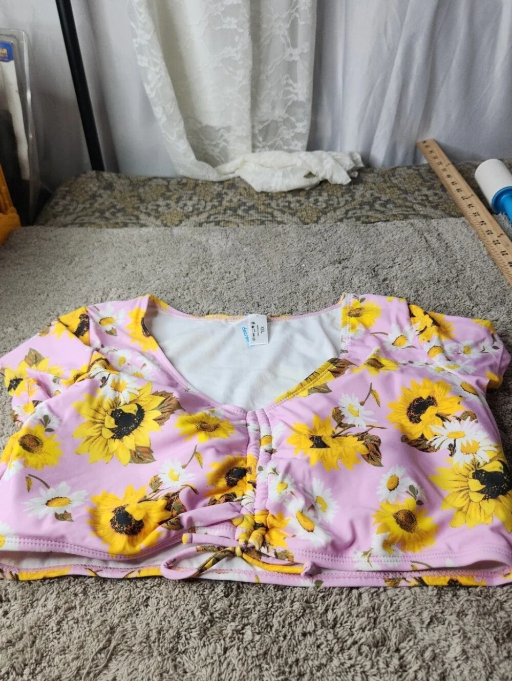 Women's Pink Sunflower Swim Top With Side Ties - Decree - XXL
